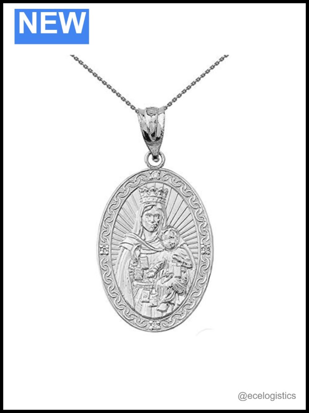 Sterling Silver Our Lady of Mount Carmel CZ Oval Pendant Necklace